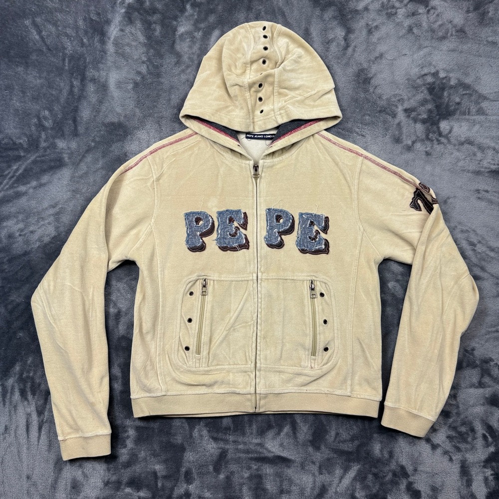 Pepe Jeans Hoodie Womens L Beige Velour Denim Applique Y2K Full Zip Sweatshirt